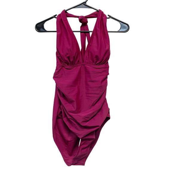 Cupshe Women's Plunge Halter Backless Ruched One Piece Swimsuit Purple Small - Picture 1 of 7
